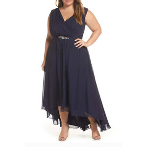 Eliza J Embellished High Low Chiffon Dress Navy NEW